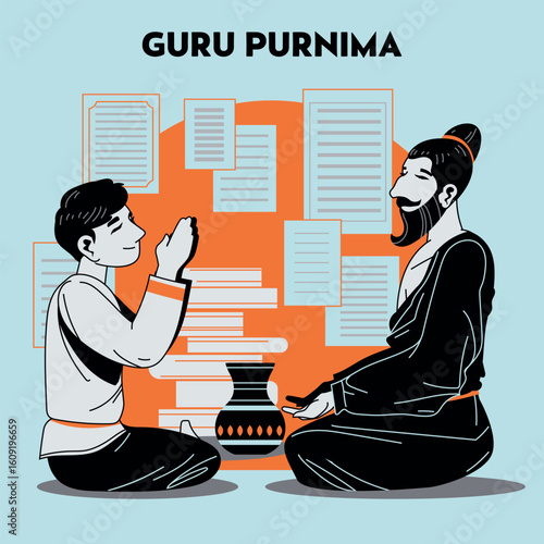 Happy guru Purnima guru and shishya teaching with books background