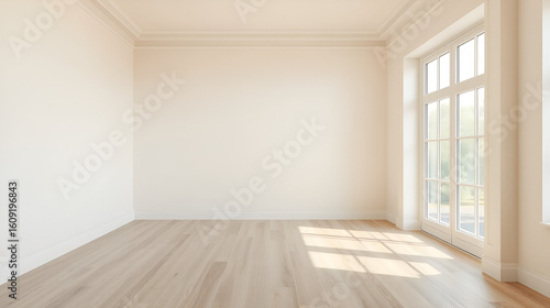 room remodel light wood grain vinyl flooring and cream painted wall, AI Generative