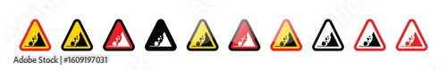 Collection of falling rocks warning signs in various color combinations