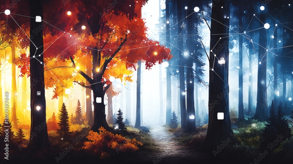 Obraz premium Enchanted Forest with Digital Elements and Autumn Colors