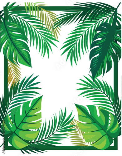 Decorative border of lush green tropical leaves, including monstera and palm fronds, frames a blank white space