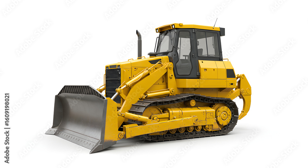 Fototapeta premium Yellow Bulldozer with Silver Blade and Black Tracks on White Background Heavy Equipment Machinery