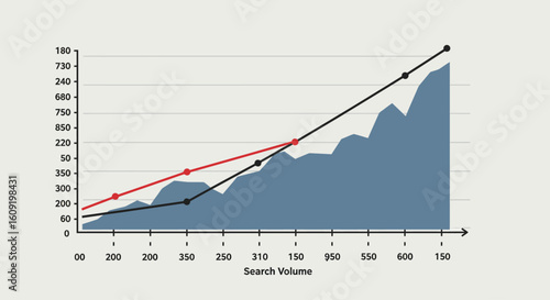 A detailed infographic chart illustrating business growth trends against increasing search volume. A concept of data analysis and market statistics.
