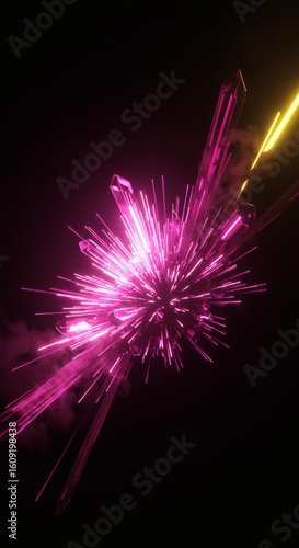Futuristic digital rendering of a vibrant pink energy crystal exploding.