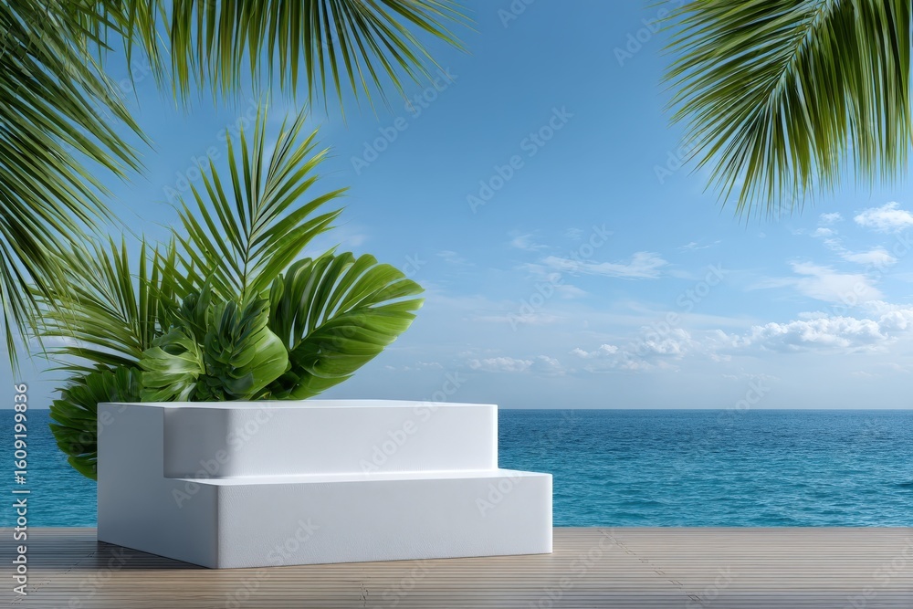 Fototapeta premium White twotiered platform with lush foliage set against a blue ocean backdrop and wooden deck