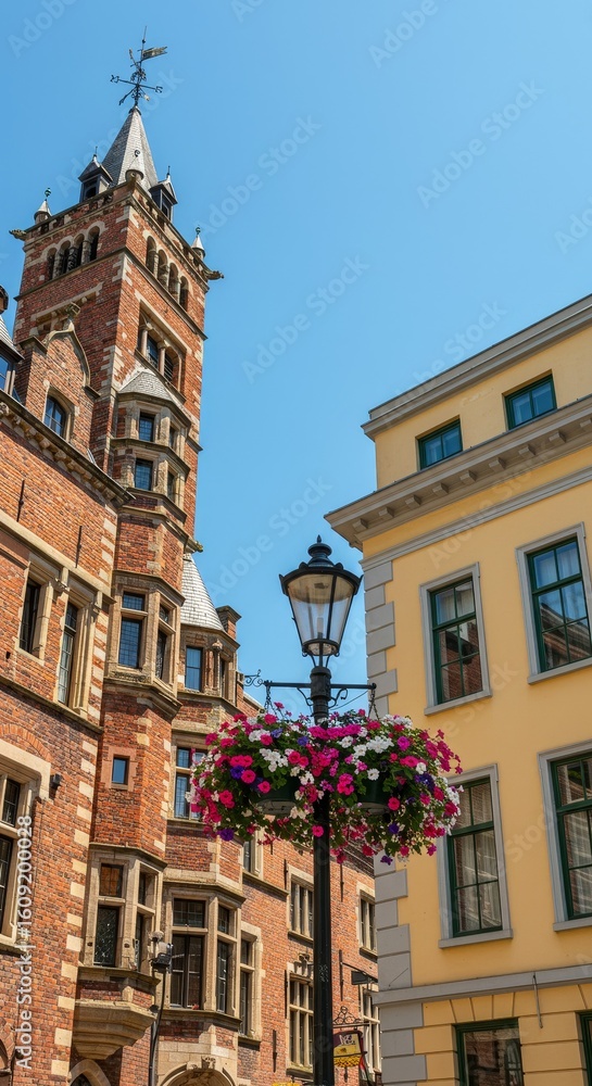 Fototapeta premium Historic European Townscape with Floral Lamp Post