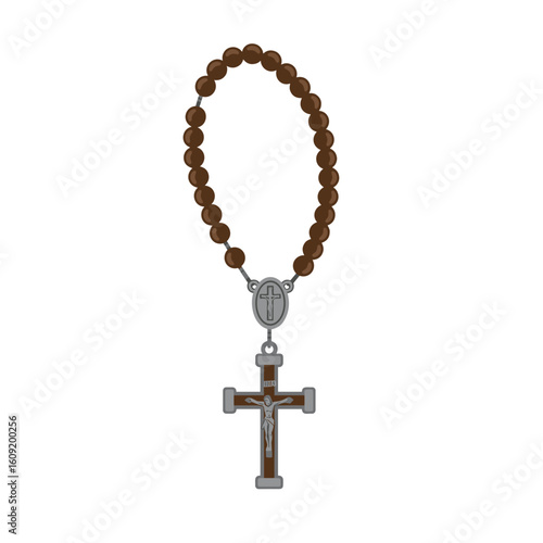 Wooden rosary with cross on transparent background, concept of flat vector  