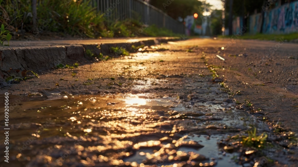 Fototapeta premium Sunlight reflecting in puddles on a street with grass and a fence in the background at dusk or dawn