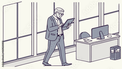 A man in a suit is walking and looking at a tablet in an office near a desk and large windows