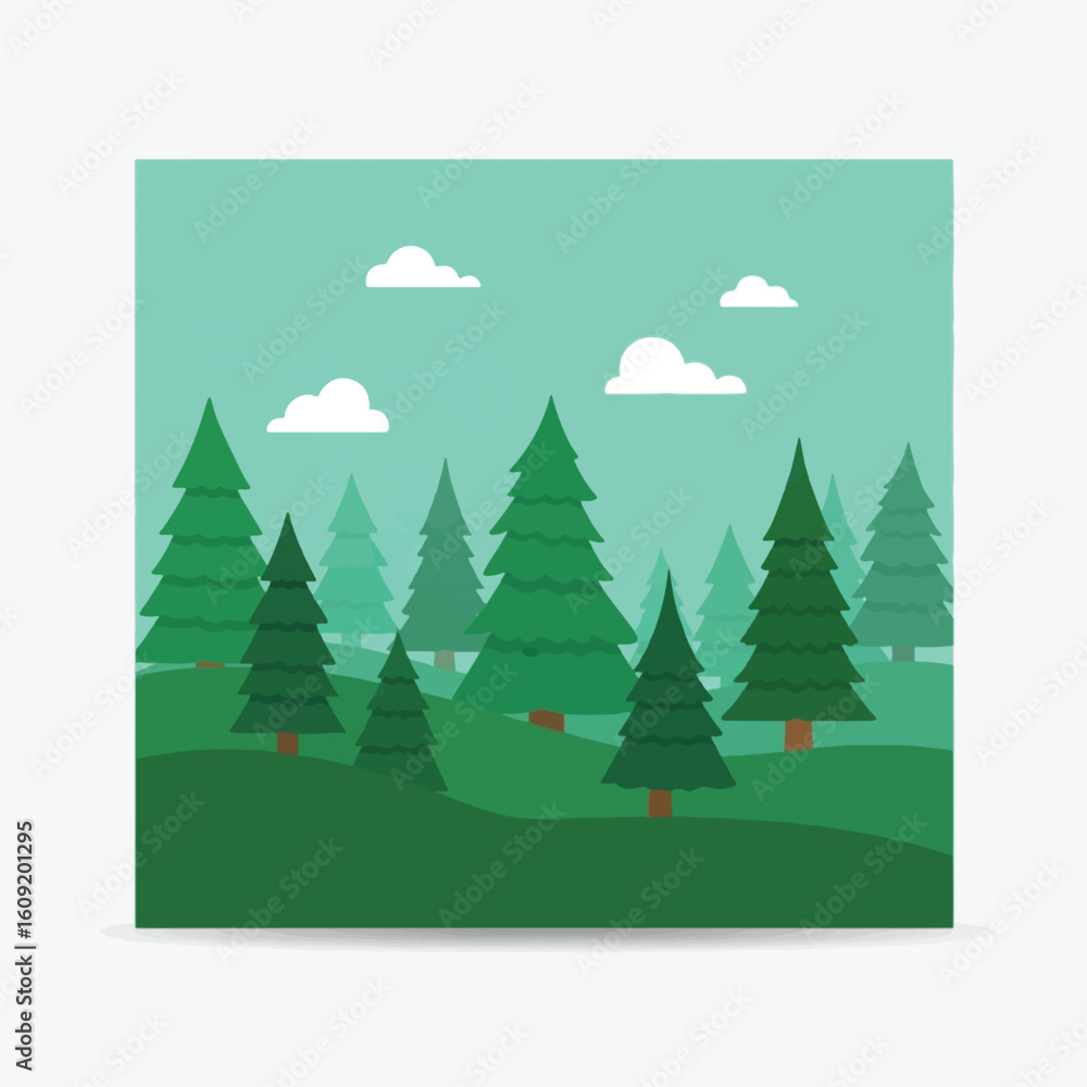 Obraz premium Illustrative depiction of a forest scene featuring green trees and fluffy white clouds.