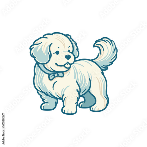 Playful fluffy dog with a bowtie standing happily, set against a simple white background