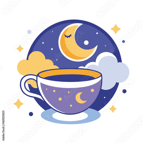 Cozy cup of coffee sits under a starry night sky with a crescent moon and soft clouds, evoking a sense of peaceful evening relaxation and sweet dreams