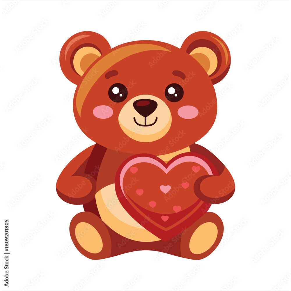 Obraz premium Cute cartoon teddy bear sits holding a large red heart with small pink hearts on it, isolated on a white background