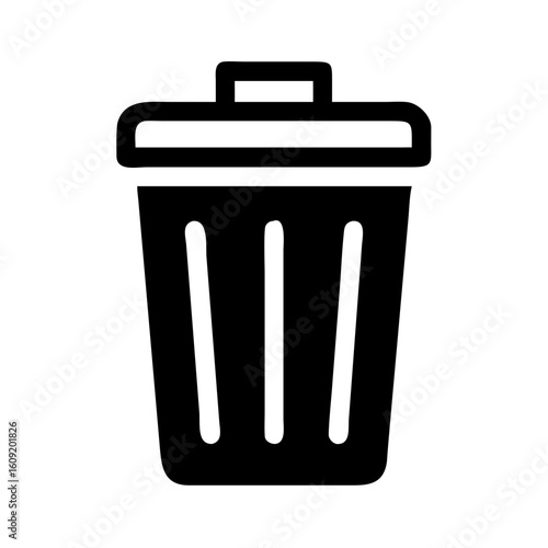 Black trash bin icon on white background, waste management and disposal concept
