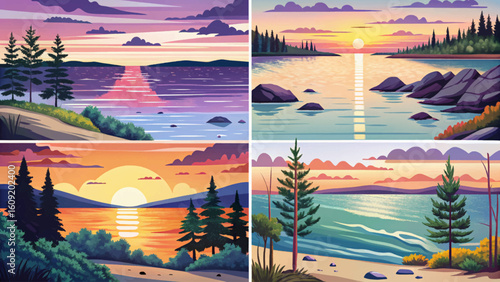 vector banner set of Lake Superior shoreline at sunset in Northern Michigan. Features waves, pine trees, cliffs, sky gradients, peaceful nature scenery
