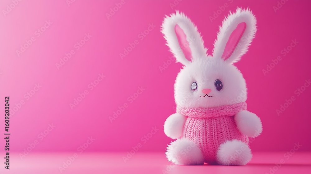 Fototapeta premium Fluffy white plush toy in a bunny outfit set against a vibrant pink backdrop featuring warm lighting and playful details