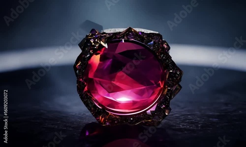 Closeup of a sparkling gemstone ring with a large pink stone and intricate black metal band on dark background