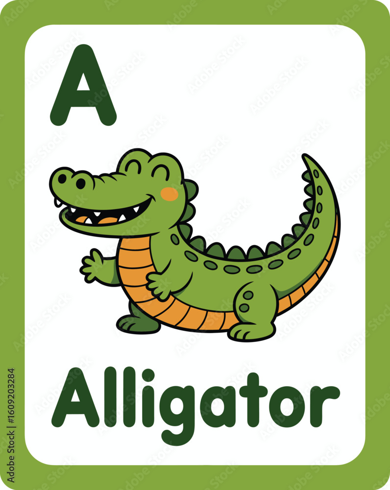 Fototapeta premium Cute cartoon alligator flashcard for kids, featuring letter A for preschool and early learning