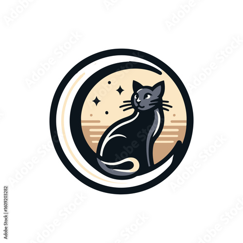 Wallpaper Mural A stylized black cat sitting gracefully within a crescent moon against a starry background Torontodigital.ca