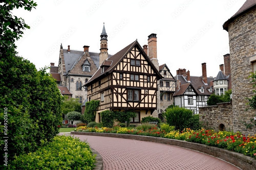 Naklejka premium Historic half-timbered house alongside a stone wall and landscaped .