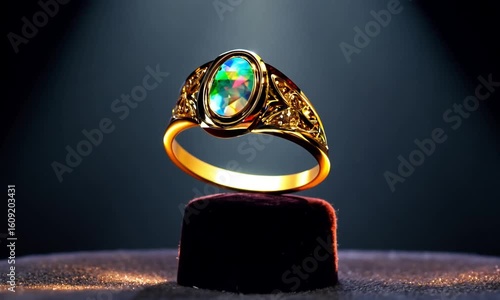 Closeup of a gold ring with a large iridescent gemstone on a velvet display stand