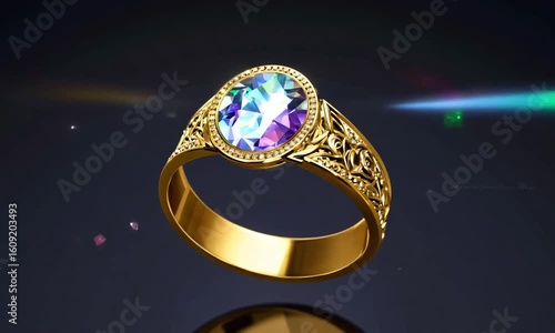 Closeup of a gold ring with a large iridescent gemstone showcasing intricate design
