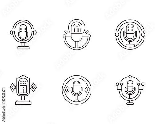 Microphone Vector Icons Set Podcast Radio Broadcasting Studio Equipment and Audio Recording Communication Technology Outline Style Design Elements