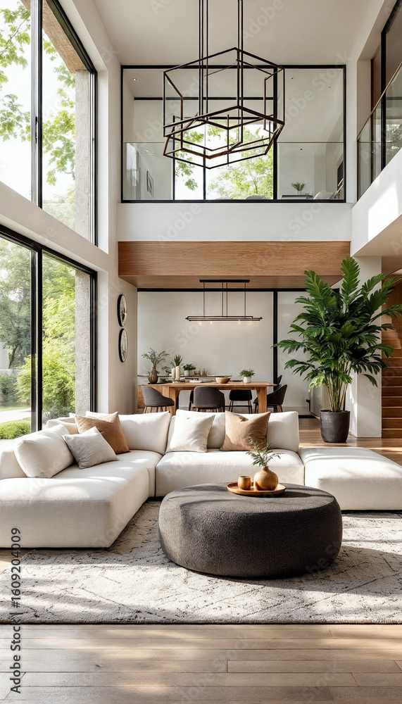 Fototapeta premium Wide-angle modern living room with split-level, natural light, white sofa, wood accents. 