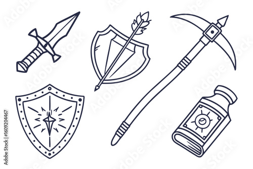 Hand-drawn line art set of fantasy RPG weapons and equipment.
