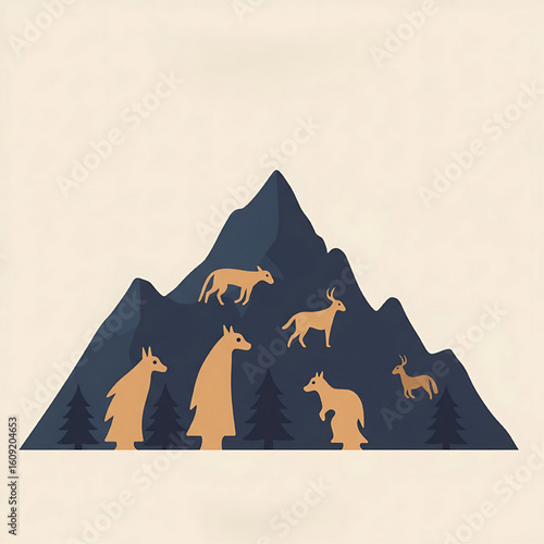 Stylized illustration of a mountain with various animals silhouetted against it, including deer, foxes, and goats.