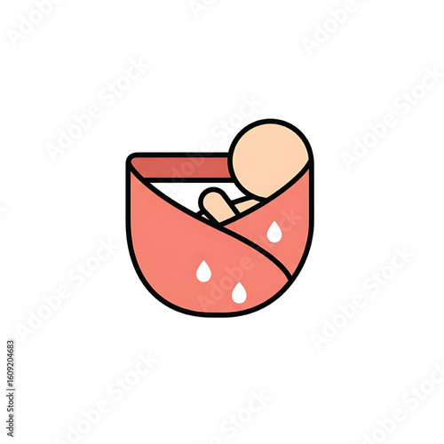 Illustration of a baby swaddled in a pink blanket with white teardrop accents.