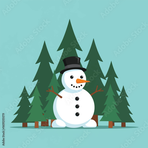 A cheerful snowman stands amidst a cluster of evergreen trees, a classic winter scene.