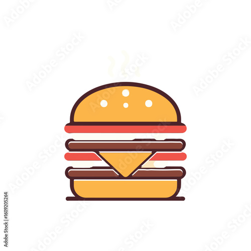 Colorful illustration of a three-layered hamburger with toppings, set against a plain background
