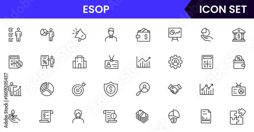 ESOP vector line icons featuring employee shares, stock options, ownership, benefits, equity, contracts, growth, incentives, and company rewards.