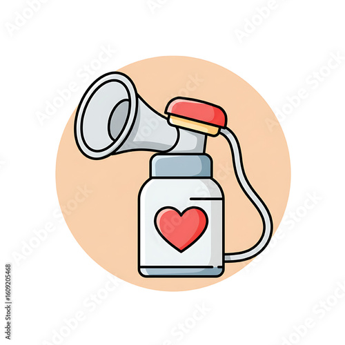 A cartoon illustration of a breast pump with a heart symbol on the collection bottle, set against a peach-colored circle.