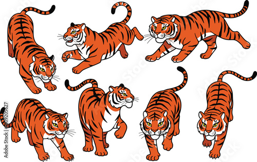 Tiger clipart vector, cartoon tiger illustration, walking tiger design, roaring tiger pose, jungle animal graphic, wild cat clip art, tiger collection drawing