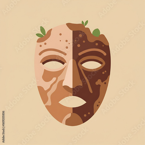 A stylized mask depicting a divided face, one side covered in dirt and the other clean, representing environmental damage.