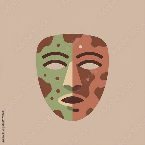 A stylized, dual-toned mask depicting a face, split into green and brown sections with irregular blotches.