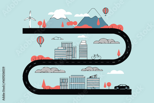 flat vector graphic of city and countryside connected by winding road hills buildings wind turbine