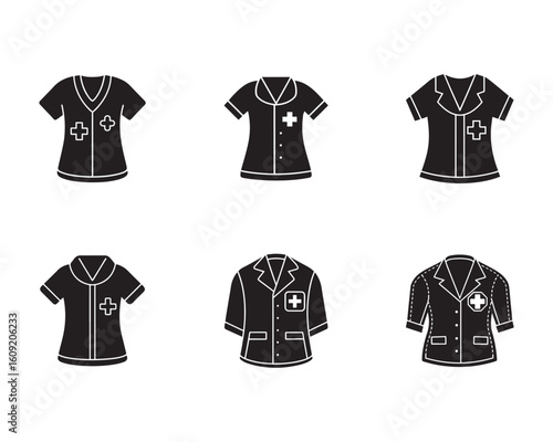 Set of Medical Uniforms and Scrubs in Black Silhouette Styles for Healthcare Professionals Vector Illustration