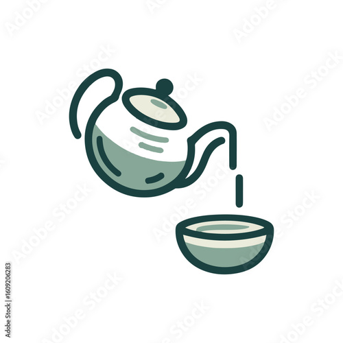 A teapot pouring tea into a bowl, set against a simple background, evoking tranquility