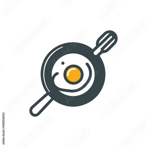 A stylized frying pan with a sunny-side-up egg, symbolizing cooking and breakfast preparation