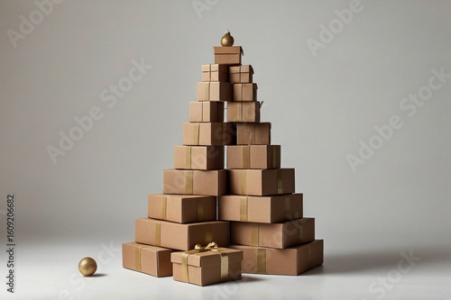 Cardboard boxes stacked like a Christmas tree with golden ornaments gifts