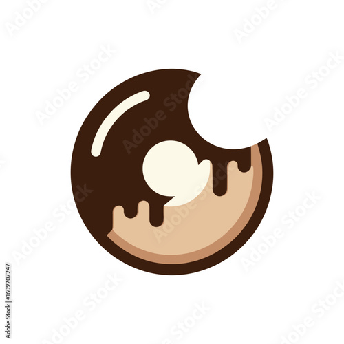 A delicious chocolate donut with a bite taken out, showcasing its creamy filling and glaze