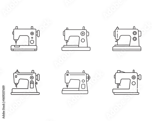 Sewing machine icons collection various designs and styles minimalist line art vector illustration tailoring concept equipment for dressmaking and crafting