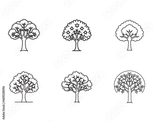 Stylized Tree Icons Collection Outlined Black and White Nature Illustrations Different Styles Shapes and Structures Six Isolated Trees