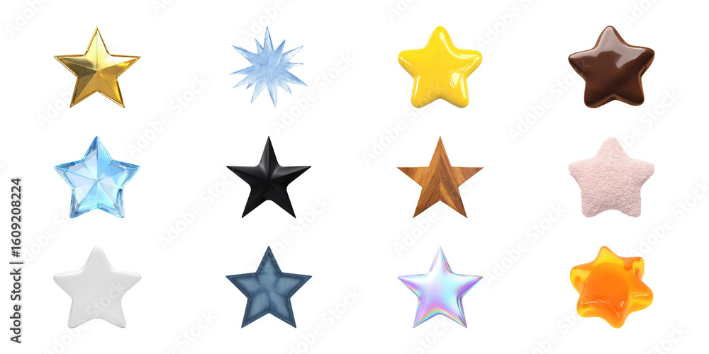 Obraz premium Colorful Star Icons Set. Diverse Material And Texture Collection Isolated On Transparent Background