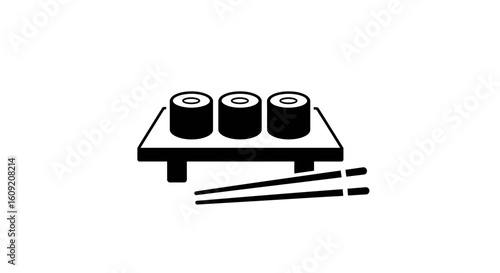 Stylized black icon featuring three sushi rolls on a simple serving board with chopsticks ready for a delicious Japanese meal experience