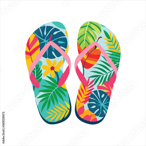 Pair of colorful flipflops featuring a lively tropical pattern of leaves and flowers in shades of teal, pink, yellow, and orange