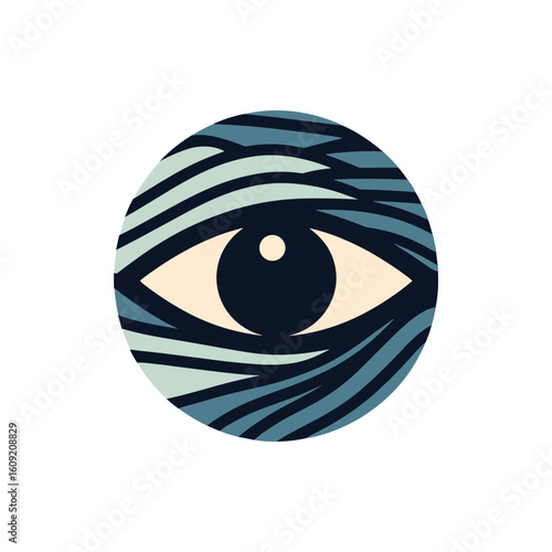 Abstract circular design featuring an eye surrounded by flowing lines, suggesting perception and depth